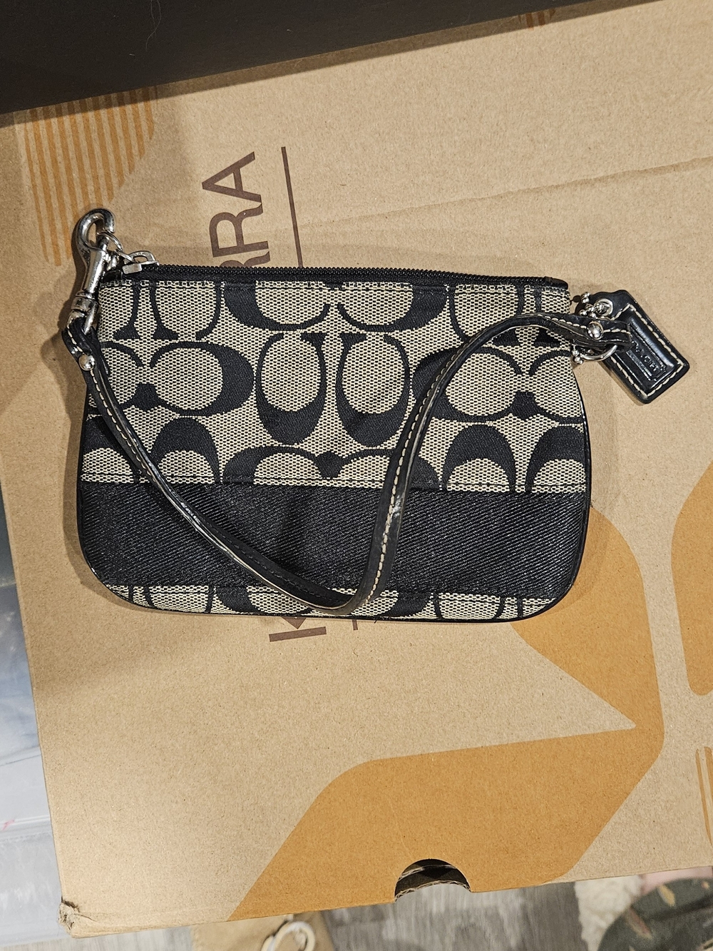 Coach Tan and Black Signature Canvas Wristlet